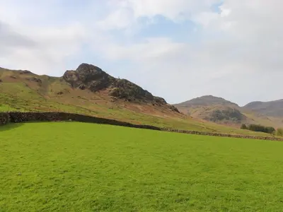 a large green field with mountains in the background at One Side House Farm in Ambleside