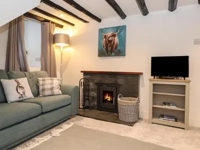 a living room with a couch and a fireplace at Two Side House Farm in Ambleside