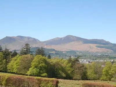 a field with trees and mountains in the background at Bramble Cottage perfect for a relaxing romantic break in Keswick in Keswick