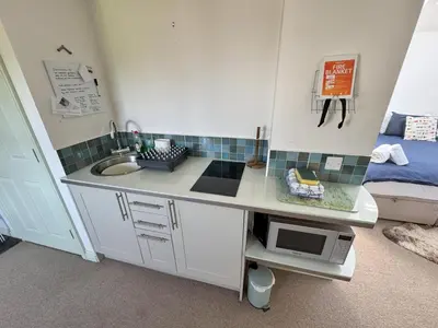a small kitchen with a sink and a microwave at Birds Nest in Gatehouse of Fleet