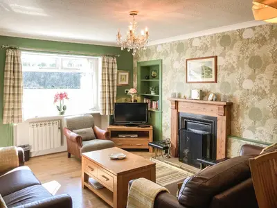 a living room with a couch and a fireplace at Balnowlart Lodge in Ballantrae
