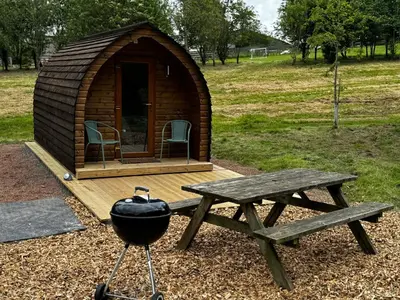 a wooden cabin with a picnic table and a grill at Howbeck Lodge in Hesket Newmarket