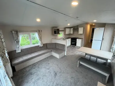 an aerial view of a kitchen and living room at Newton Stewart - Lodge - Sleeps 4 - Garden in Bargrennan