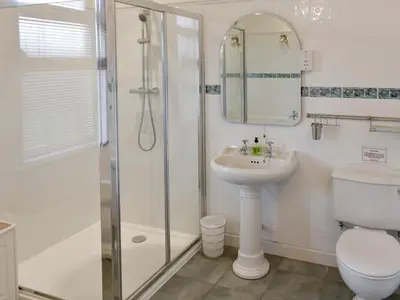 a bathroom with a shower and a sink and a toilet at Ardbeag in Whiting Bay