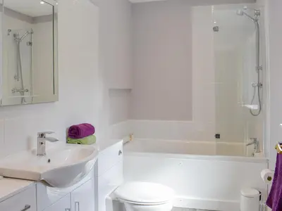 a bathroom with a sink and a toilet and a shower at Woodlea Cottage 1 in Dippin