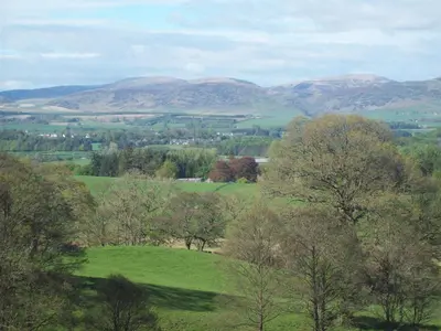 a green field with trees and mountains in the background at Beuchan Cottage Keir Mill in Closeburn