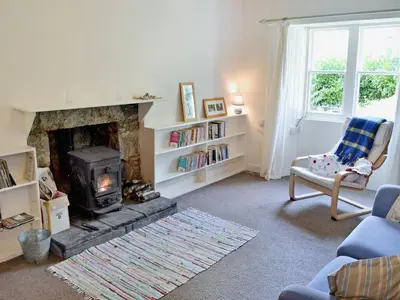 a living room with a fireplace and a chair at Squirrel Cottage in Palnure