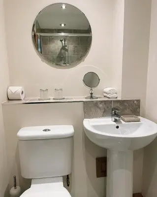 a bathroom with a toilet and a sink and a mirror at Dungavel Cottage in Roberton