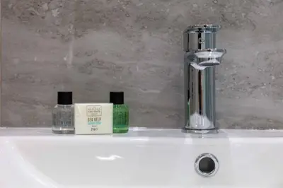 a sink with two bottles of soap and a faucet at St Meddans Mews in Troon in Troon