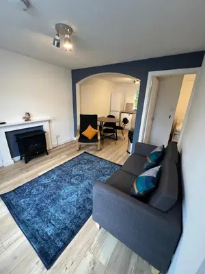 a living room with a couch and a fireplace at The Ship Inn's Cabin in Gatehouse of Fleet