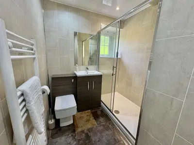 a bathroom with a shower and a toilet and a sink at Country Cottage on Private Estate in Minishant