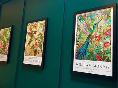 three framed posters hanging on a green wall at Dinmont Cottage in Dalston