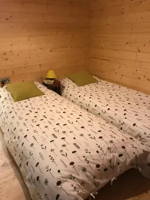 two twin beds in a room with wooden walls at Helvellyn - The Hut - Twin or Double in Glenridding