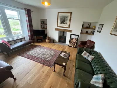 a living room with a green couch and a fireplace at Ryehill with Fishing in Sanquhar