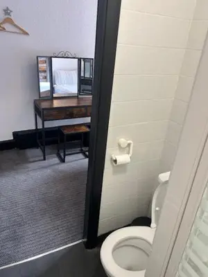 a bathroom with a toilet and a sink and a desk at The White Lion Inn in Penrith