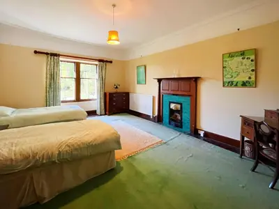 a bedroom with two beds and a fireplace at Kirkdale in Kirkton