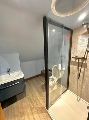a bathroom with a shower and a toilet and a sink at The Anne'x in Dalbeattie