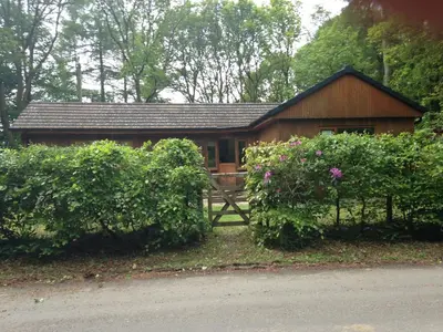 a small wooden house with a gate and some bushes at The Shack, Cally Avenue, Gatehouse of Fleet, Dumfries and Galloway, DG7 2 DH in Gatehouse of Fleet
