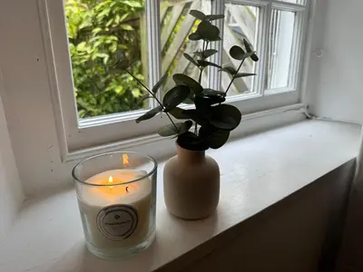a candle and a vase with a plant on a window at Robinson's Retreat - Cockermouth - Lake District in Cockermouth