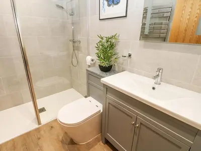 a bathroom with a sink toilet and a shower at Esk Brae in Langholm