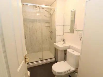 a bathroom with a shower and a toilet and a sink at Brews Cottage in Keswick