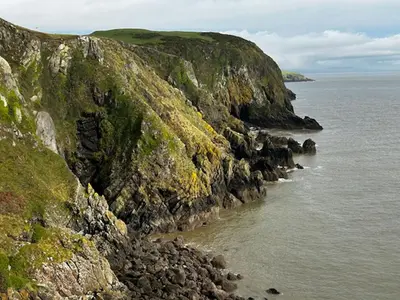 a rocky cliffside with the ocean in the background at Whitegates in Rockcliffe