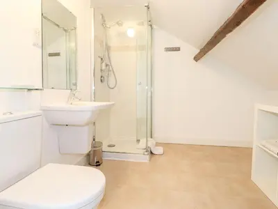 a bathroom with a shower and a toilet and a sink at Middletown in Keswick
