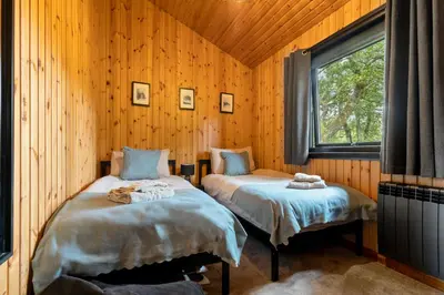 two beds in a room with wooden walls at Newsham Lodge in Ellonby