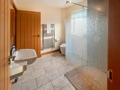 a bathroom with a toilet and a sink and a shower at Quare Place in Mainsriddle