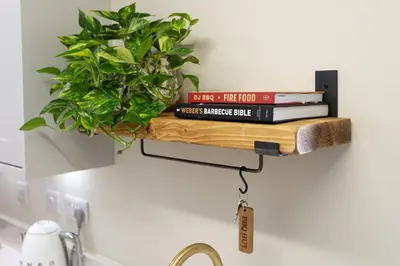 a shelf with books and a potted plant on it at Scenery Hill Hideaways The Coach House Charming Retreat with Jacuzzi and BBQ Hut Near the Lake District in Workington