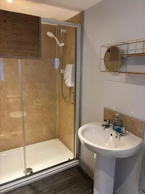 a bathroom with a shower and a sink at Ground Floor Studio in Longtown