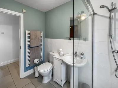 a bathroom with a toilet and a sink and a shower at Flo's Cottage in Eldrig Village