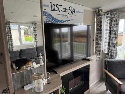 a mirror in a living room with a dog in it at The Retreat - Turnberry Holiday Park Amazing Sea View in Girvan