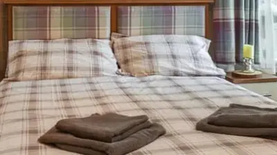 a bed with two brown pillows on top of it at Woodland Lodge in Plumbland