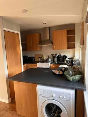 a kitchen with a washing machine in a kitchen at A Cozy One Bedroom Flat for Two Guests in Carlisle