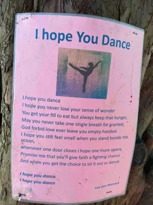 a sign on the side of a tree that says i hope you dance at Cosy home in centre of Lake District National Park in Chapel Stile