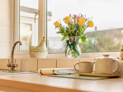 a kitchen counter with a vase of flowers and a window at 3 Bed in Keswick 95858 in Keswick