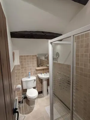 a bathroom with a toilet and a sink at Oakside Cottage Braithwaite in Braithwaite