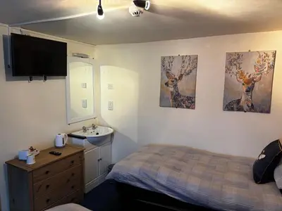 a bedroom with a bed and a sink and paintings on the wall at The Bee Hive Hotel in Coylton