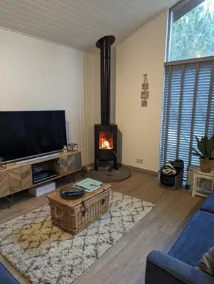 a living room with a fireplace and a tv at Fig Tree Lodge in Ellonby