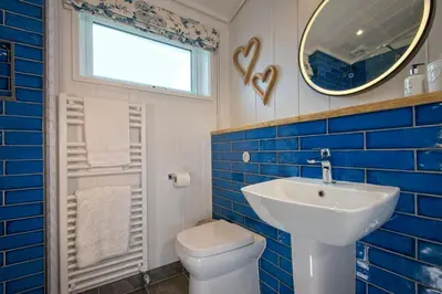 a bathroom with a sink and a toilet and a mirror at Bluebell Lodge in Girthon