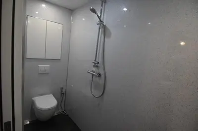 a bathroom with a shower and a toilet in it at Lake District, Mountain Views, Accessible Studio Bothy in Borrowdale Valley