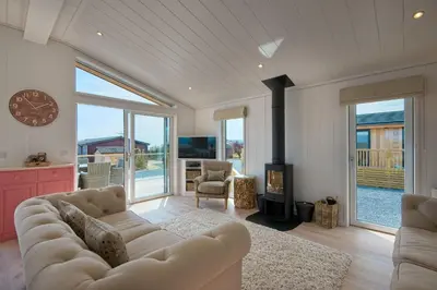 a living room with a couch and a fireplace at Clover Lodge in Gatehouse of Fleet