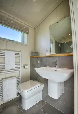 a bathroom with a sink and a toilet and a mirror at Granary Lodge in Girthon