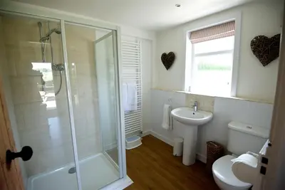 a bathroom with a shower and a toilet and a sink at Meadow Cottage in Girthon