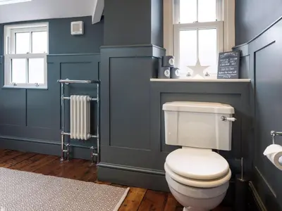 a bathroom with a white toilet and two windows at Skyfell House in Keswick