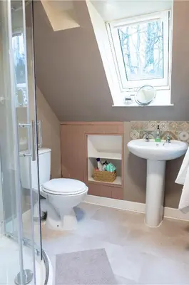 a bathroom with a toilet and a sink and a skylight at Gardeners Cottage in Auchencairn