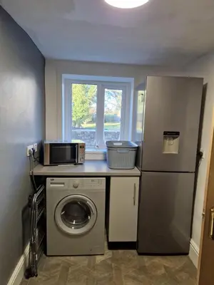 a kitchen with a refrigerator and a washing machine at Victoria Cottage in Whitrigg