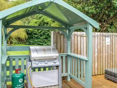 a gazebo with a grill in a backyard at Rustic Secluded Hidden Gem At Rockhall in Dumfries