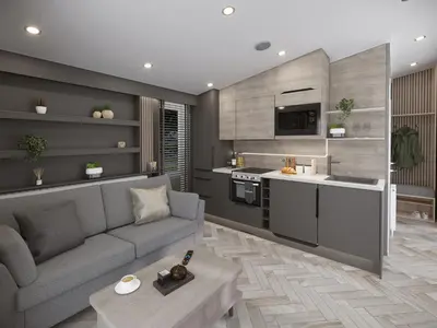 a living room with a couch and a kitchen at Elter Luxury Pod in Keswick